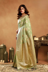 India Silk Mint Green Sarees Showcase A Rich Pallu Adorned With Intricate Zhallar Work Blending Traditional Craftsmanship